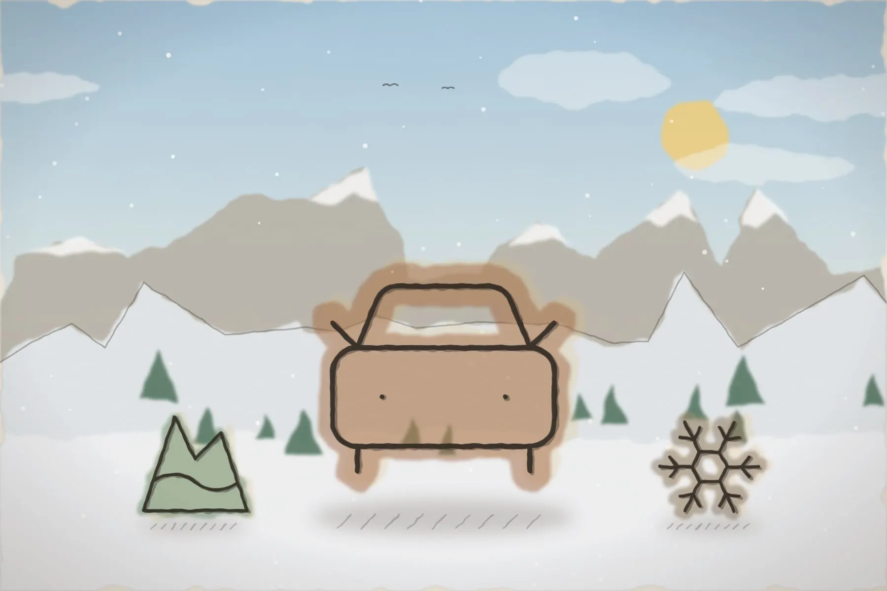 SUV 4x4 pe drum de munte, iarna (ilustrație)